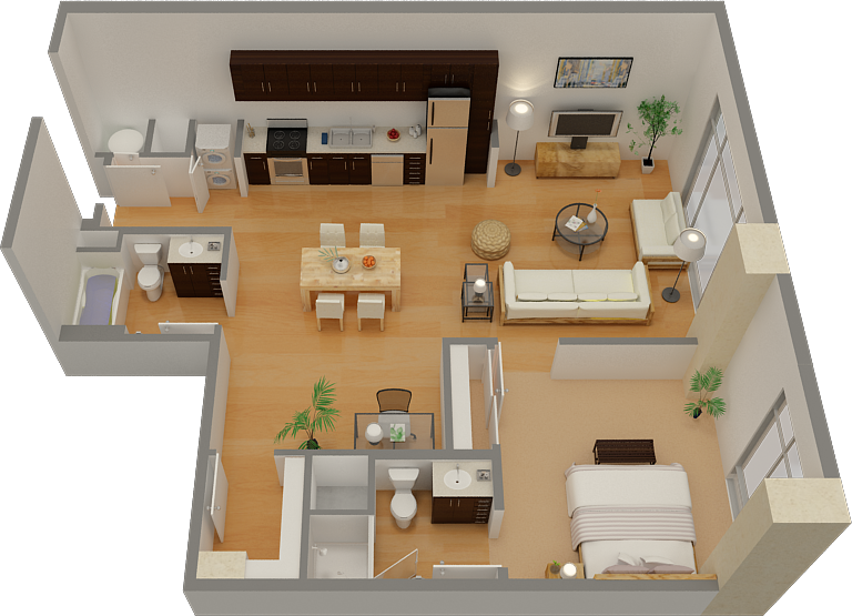 Floor plan for 1 bed, 2 baths, 1026 sqft